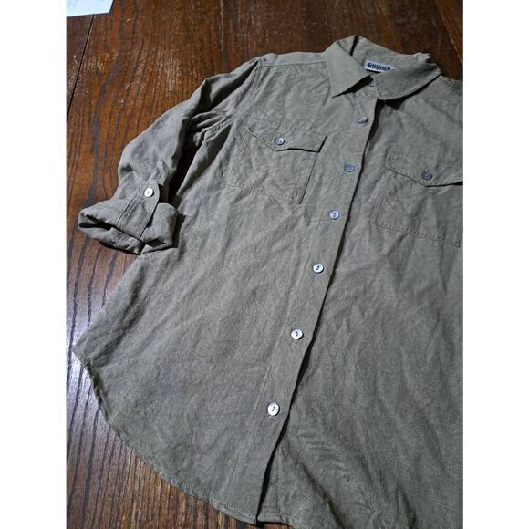 Small Size 4 Chicos Designs Size 0 Brown Silk Tropical Leaf Pattern Blouse Shirt - Picture 4 of 6